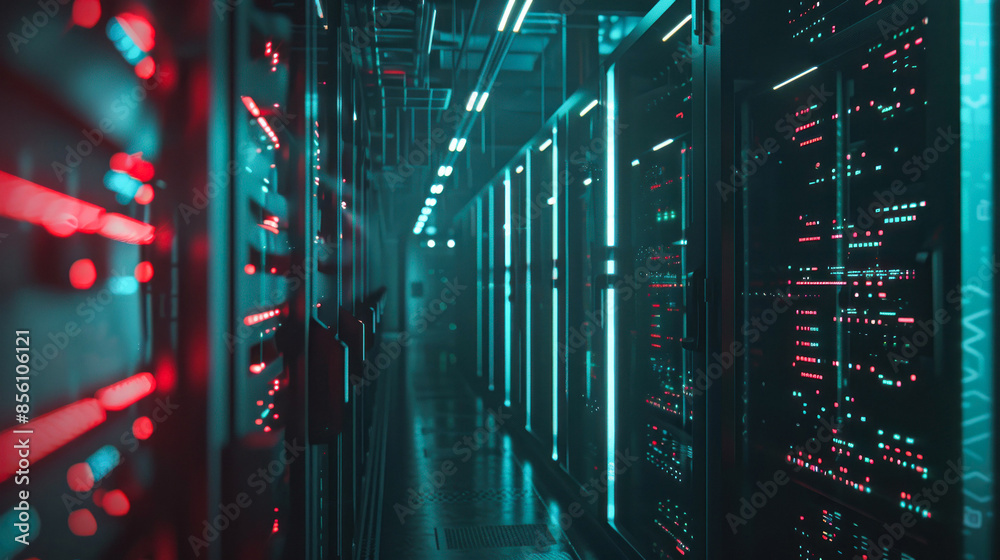 Modern data center with red LED lighting Modern data center with red LED lighting