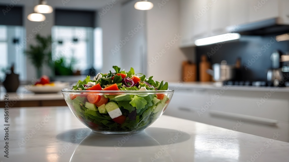 Vegetable salad bowl in white kitchen table with blurred modern kitchen in background. AI Generative. Vegetable salad bowl in white kitchen table with blurred modern kitchen in background. AI Generative.