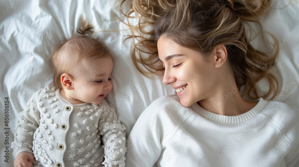 Mother is lying in bed with a baby. They are both smiling and happy. Family concept Mother is lying in bed with a baby. They are both smiling and happy. Family concept
