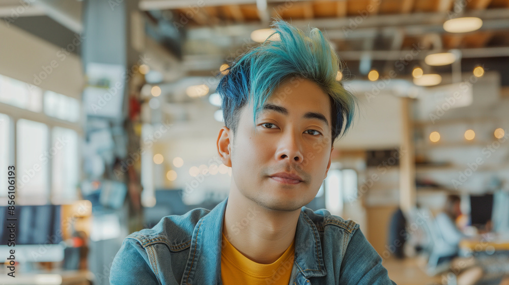 Asian man with turquoise hair in the open space office Asian man with turquoise hair in the open space office