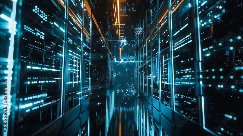 Fototapeta premium Blue and yellow lights in data center aisle