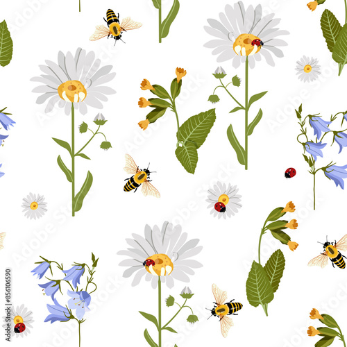 Excellent seamless pattern with primula, daisies, campanula and insects illustration.