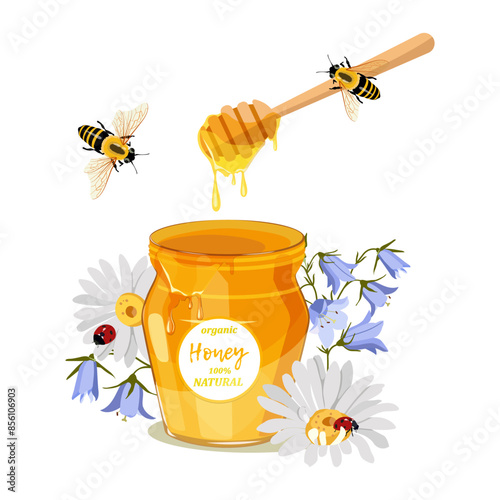 Jar of honey with honey spoon, with wild flowers, ladybugs and bees.