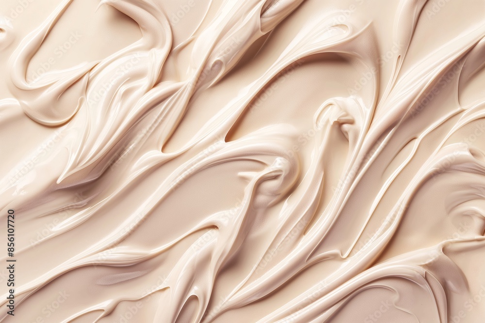 Obraz premium Creamy smooth texture, beige background with thick, wavy streaks of cream, background concept