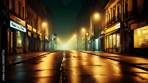 A city street, usually bustling with activity, is now deserted at night. The streetlights cast a cold, yellow glow on the empty road, and a light mist hangs in the air. The closed shops and empty side