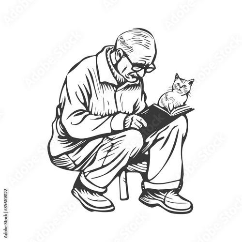 Ink Sketch: Crouching Man Reading with Curious Cat Perched on Book.