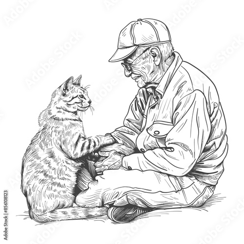 Pencil Sketch: Elderly Man and Tabby Cat, Shared Affection, Warmth & Companionship.