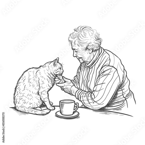 Elderly Woman & Cat: Tea Time Sketch, Affectionate Bond, Line Art.