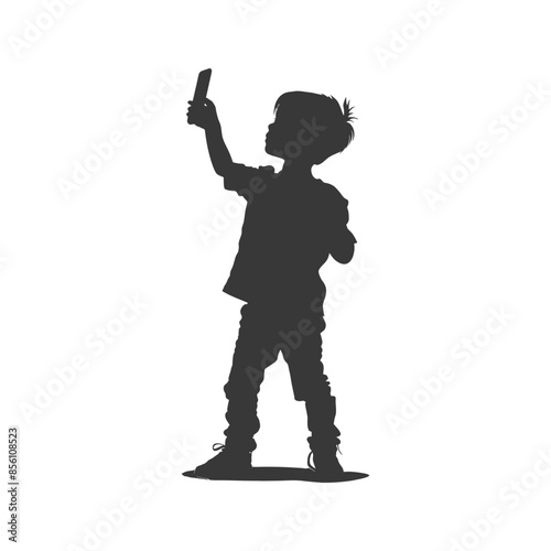 Silhouette of a Boy Taking Selfie with Phone, Isolated.