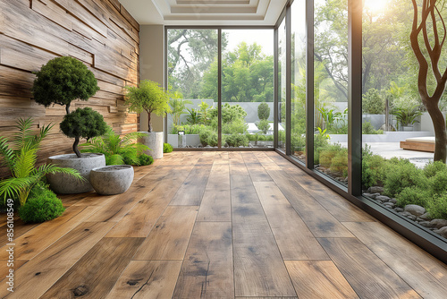 Empty living room with hardwood floor in large modern house.