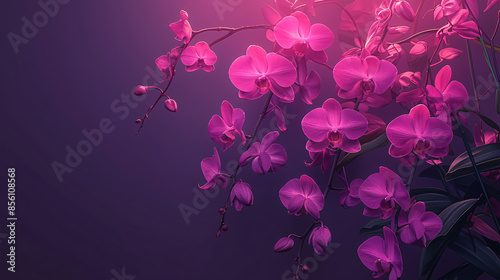 Illuminated Radiant Orchid Blossom in a Dark Studio Setting with Copy Space Below