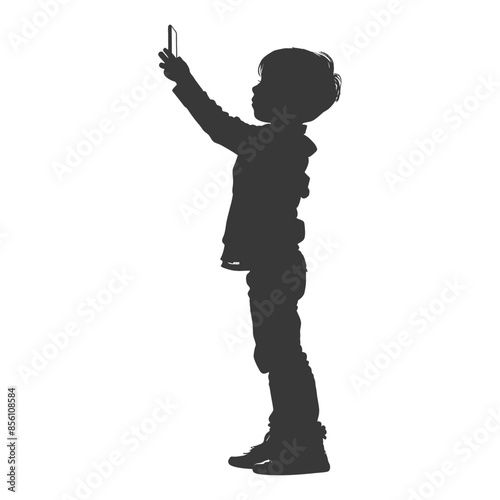 Silhouette of Curious Boy Reaching for Light with Phone.