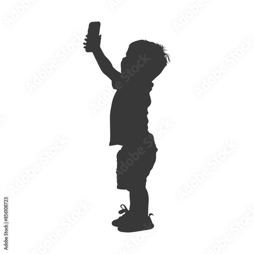 Toddler Silhouette Reaching for Phone: Tech-Savvy Future, Minimalist Portrait.