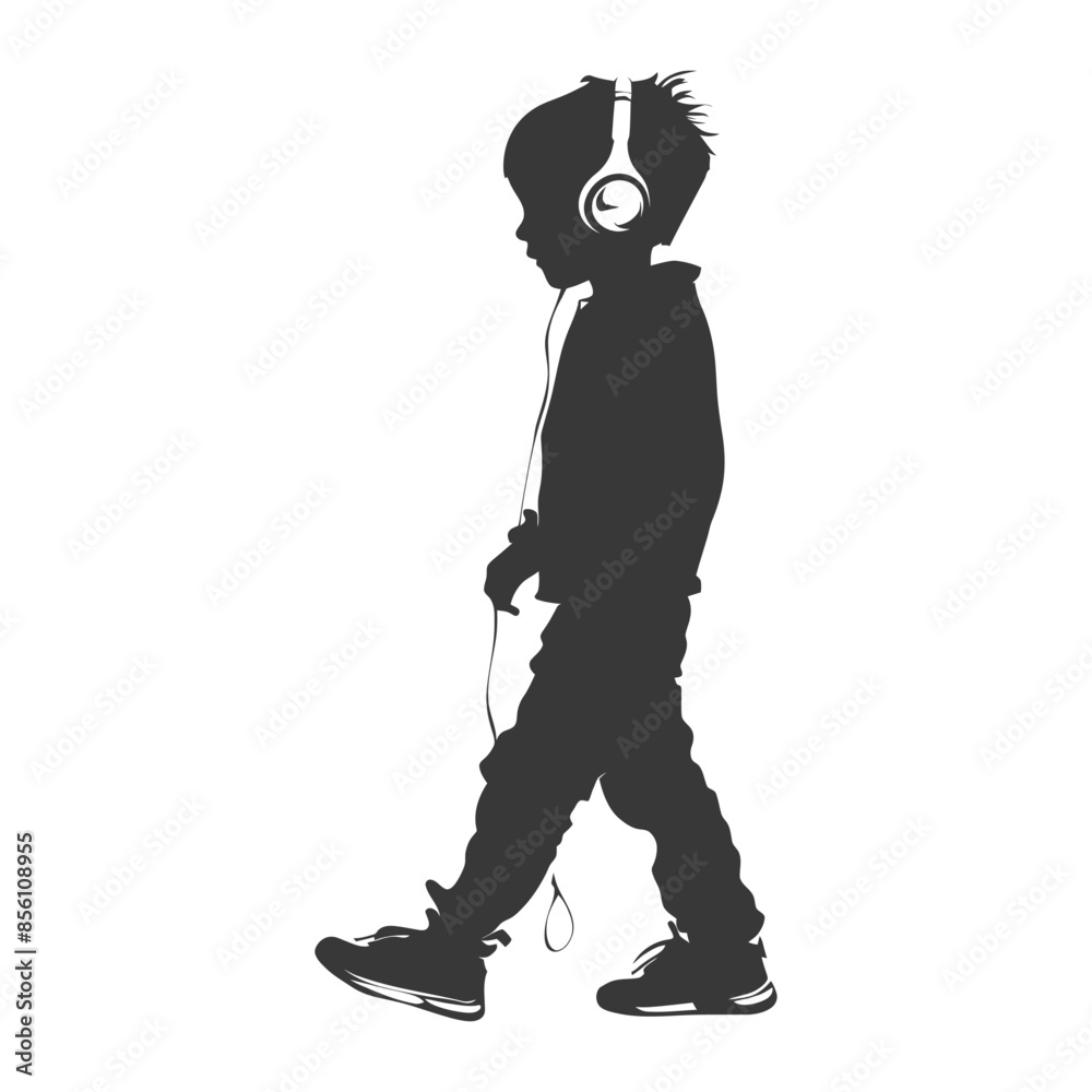 Fototapeta premium silhouette little boy walking listening to headset black color only