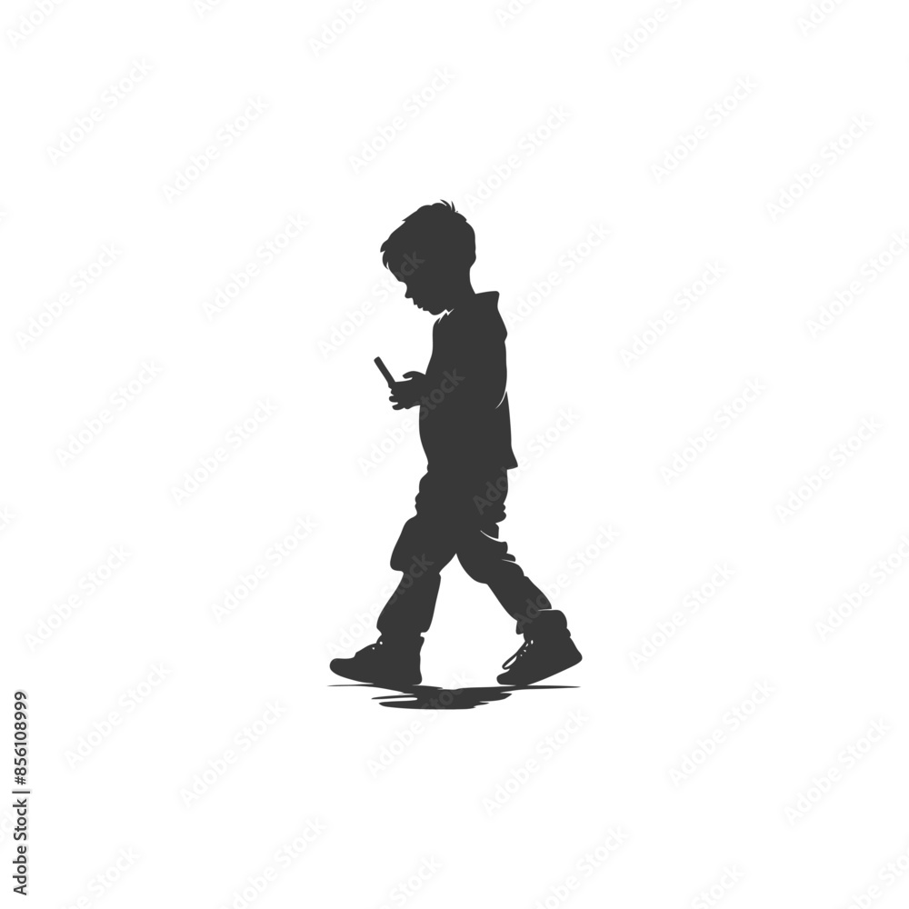 silhouette little boy walking while playing on smartphone black color only silhouette little boy walking while playing on smartphone black color only