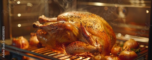 Golden brown turkey fresh out of the oven for celebrate a special occasion photo