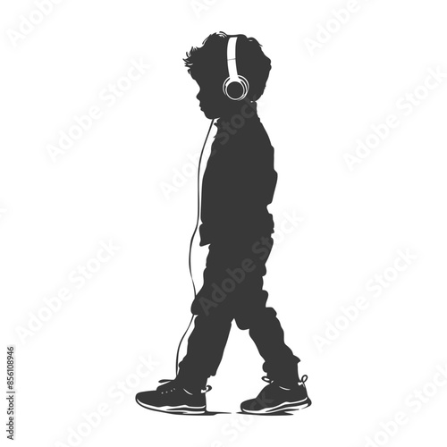 silhouette little boy walking listening to headset black color only