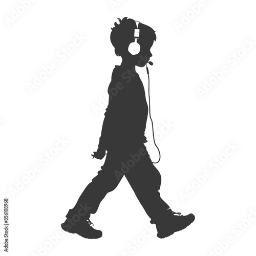 silhouette little boy walking listening to headset black color only