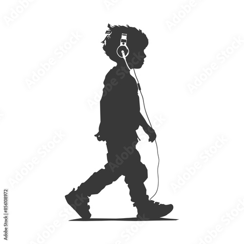 silhouette little boy walking listening to headset black color only