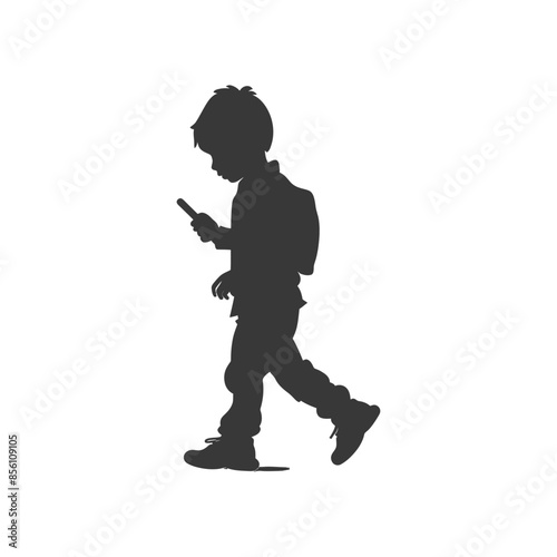 Silhouette of a Boy Walking with Backpack and Phone: Isolated on White.