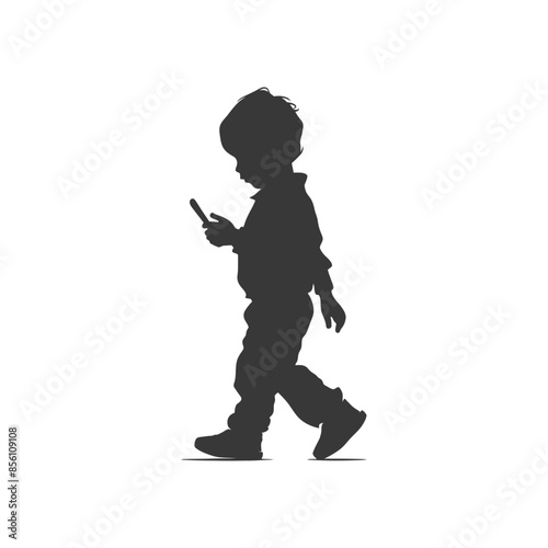 Silhouette of Child Walking, Focused on Mobile Phone.