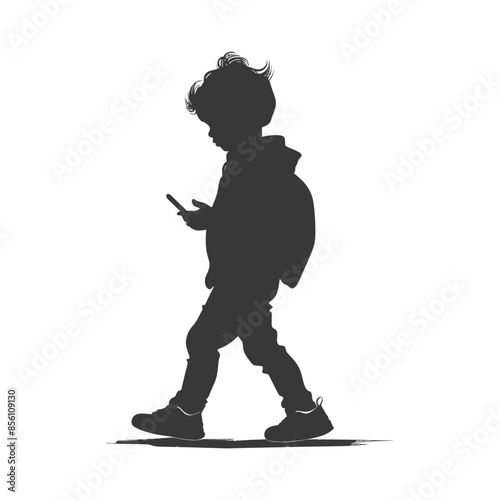 Silhouette of a Boy with Backpack engrossed in Phone, Walking.