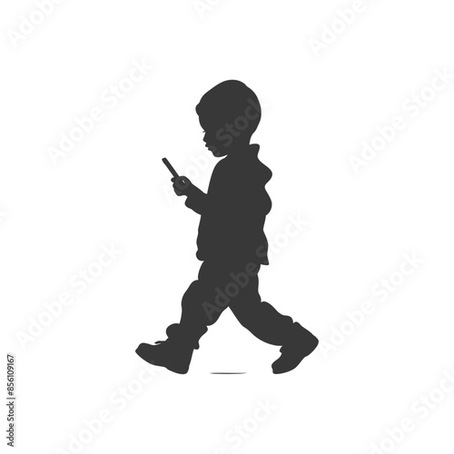 Toddler Silhouette: Walking, Glued to Phone Screen, Isolated on White.