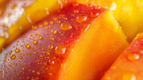 Close-up of a fresh mango slice with water droplets showcasing vibrant colors and texture. photo