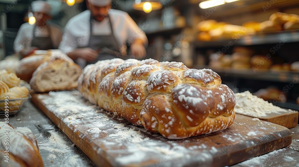 Fototapeta premium Artisan bakers meticulously preparing fresh bread in a cozy kitchen filled with various types of baked goods.