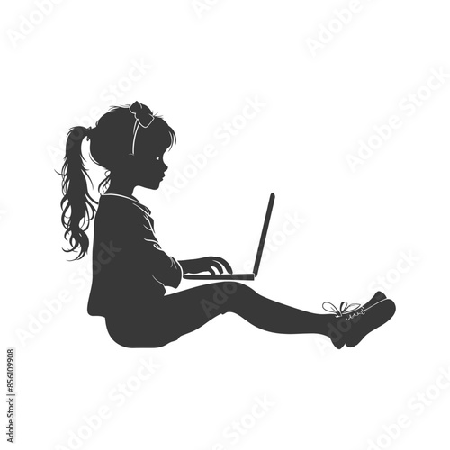 Silhouette of a Girl Sitting Cross-legged, Typing on Laptop, Ribbon in Hair.