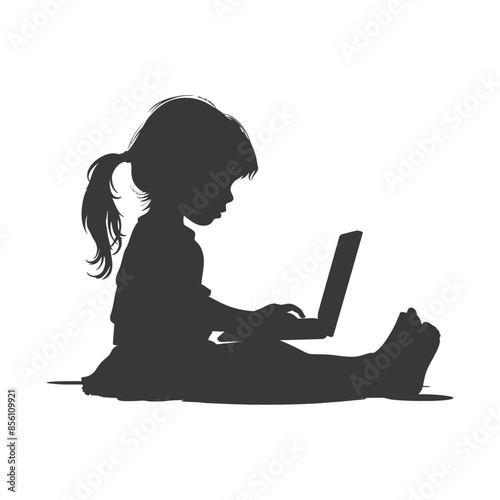 Silhouette: Focused Girl with Laptop, Early Learning, Childhood Tech.