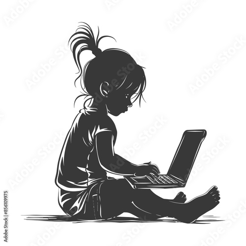 Silhouette of a Little Girl Typing on a Laptop, Sitting on the Floor, Vector Illustration