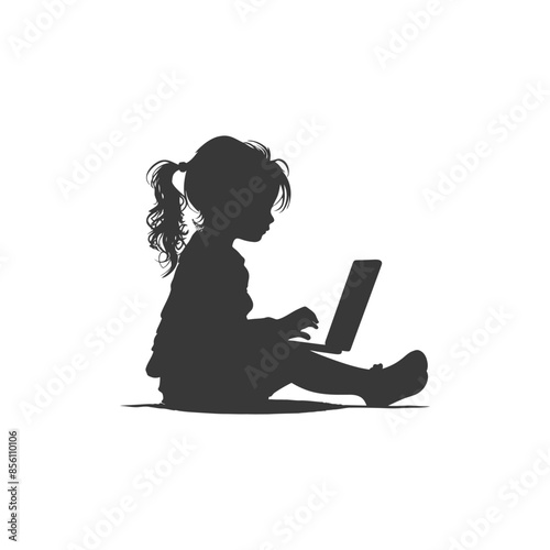 Girl Silhouette: Laptop Learning, Child Typing, Early Education Vector.