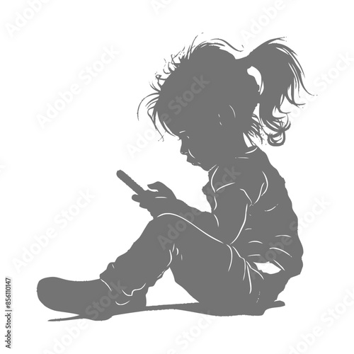 Silhouette of a Toddler Girl with Ponytail Using a Smartphone, Isolated on White.