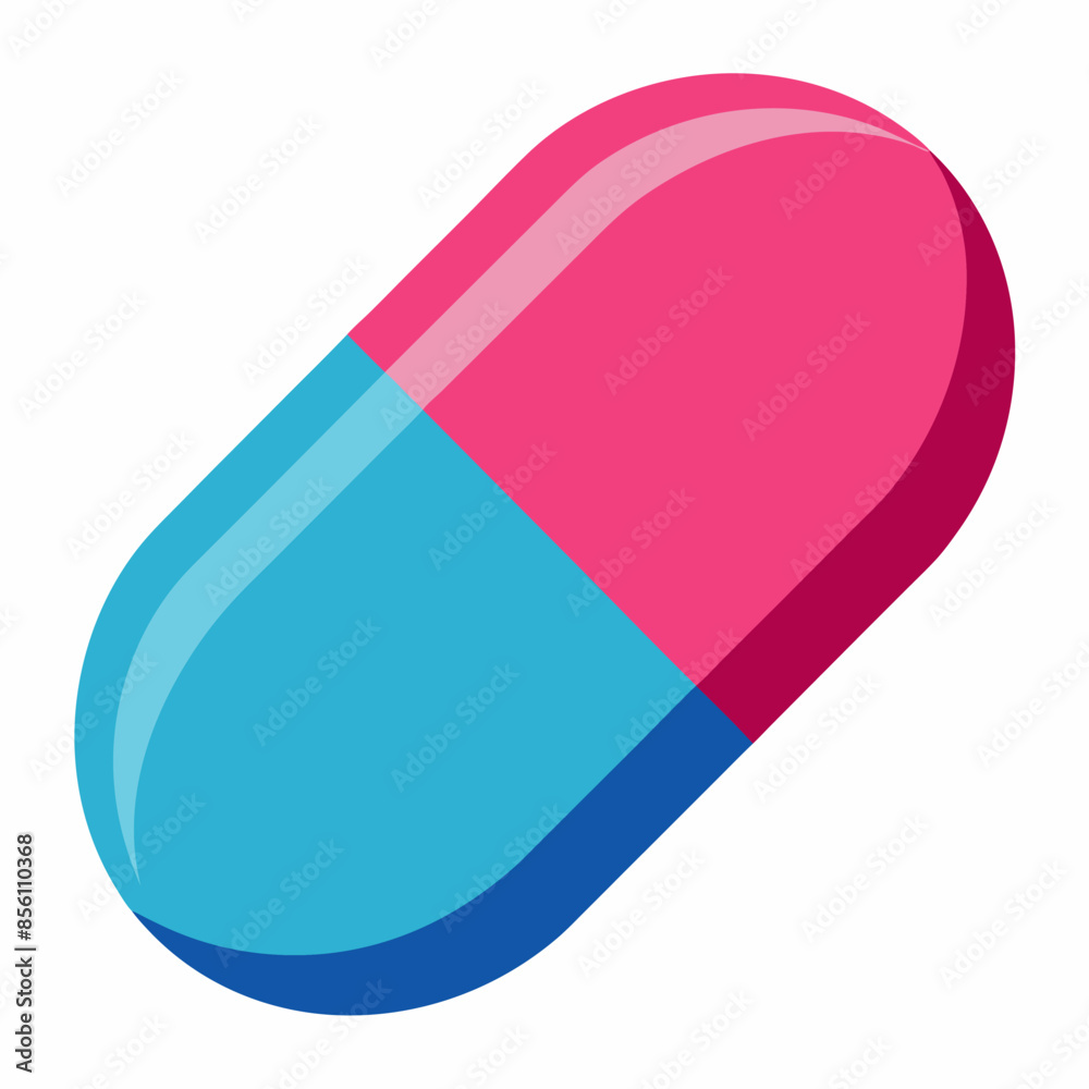 There is a blue and pink capsule placed against a white background There is a blue and pink capsule placed against a white background