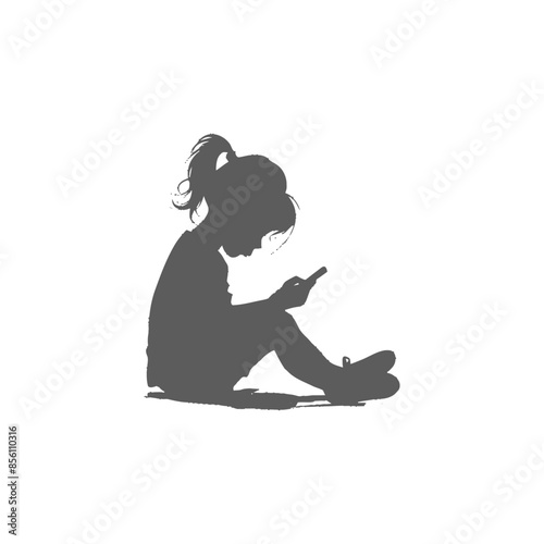 Girl Silhouette, Ponytail, Engrossed in Phone, Sitting on Floor, Modern Childhood.
