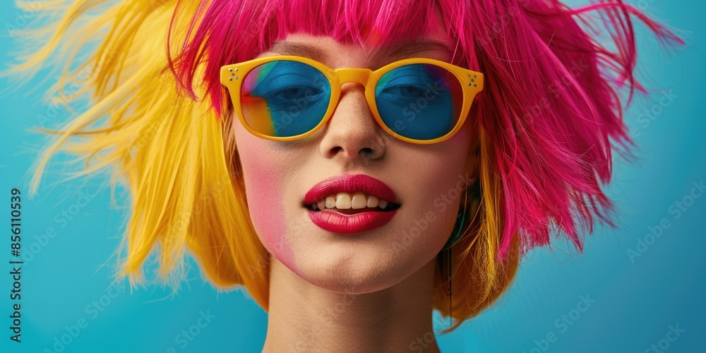 A woman with bright pink hair and yellow sunglasses smiling at the camera A woman with bright pink hair and yellow sunglasses smiling at the camera