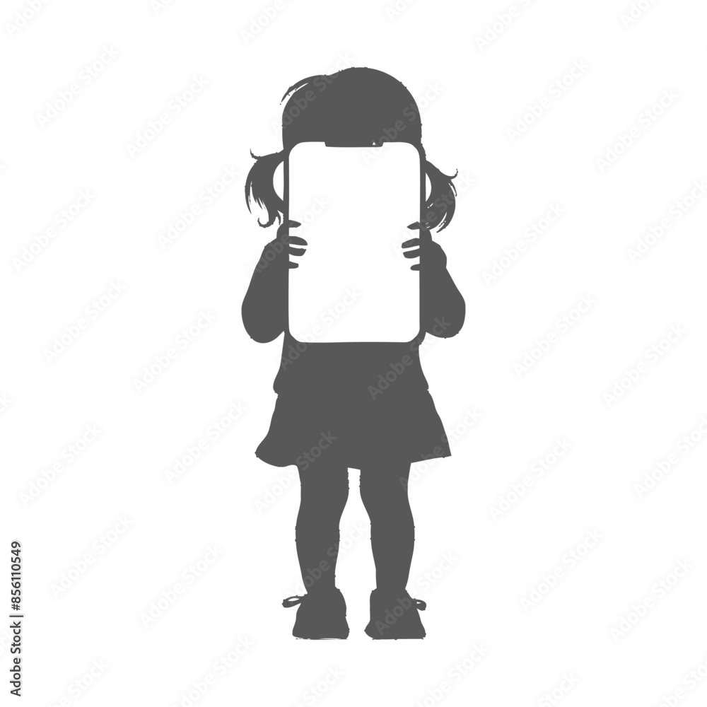 silhouette little girl shows a blank white screen smartphone or tablet silhouette little girl shows a blank white screen smartphone or tablet