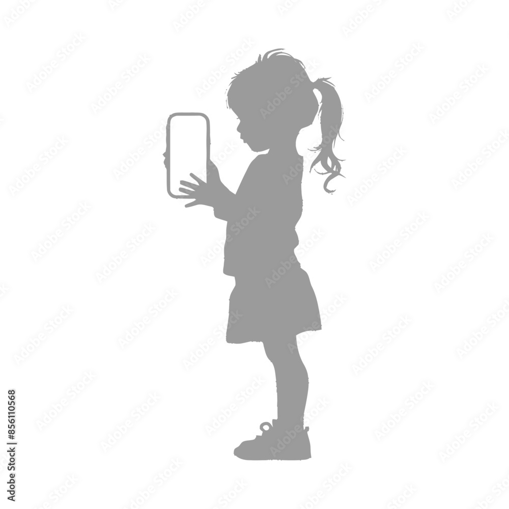 silhouette little girl shows a blank white screen smartphone or tablet silhouette little girl shows a blank white screen smartphone or tablet