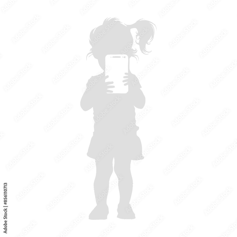 silhouette little girl shows a blank white screen smartphone or tablet silhouette little girl shows a blank white screen smartphone or tablet