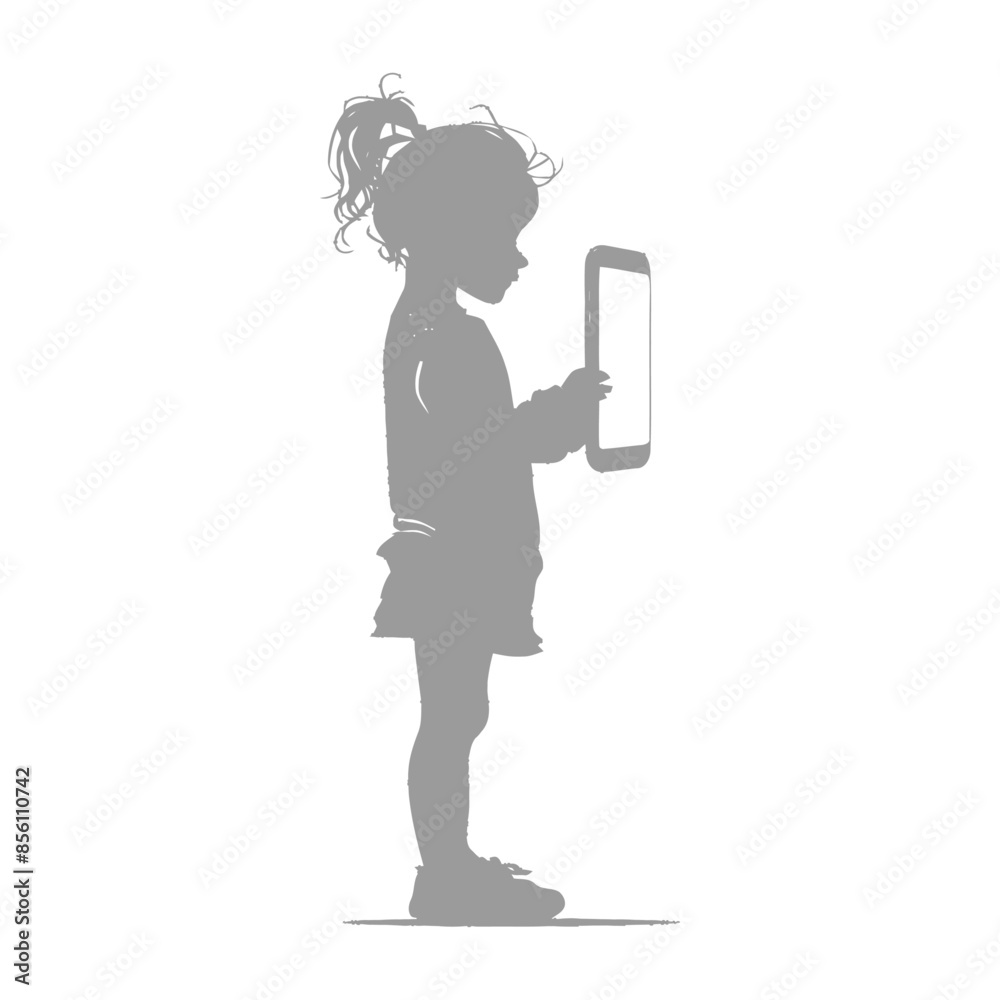 silhouette little girl shows a blank white screen smartphone or tablet silhouette little girl shows a blank white screen smartphone or tablet