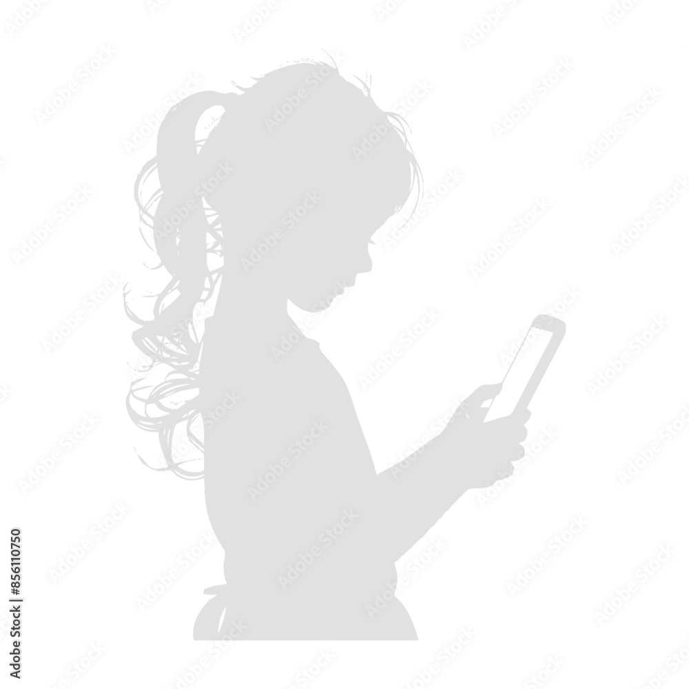 silhouette little girl shows a blank white screen smartphone or tablet silhouette little girl shows a blank white screen smartphone or tablet