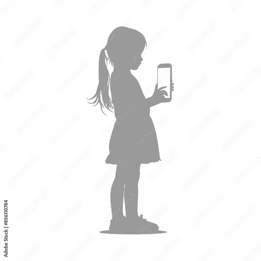 silhouette little girl shows a blank white screen smartphone or tablet silhouette little girl shows a blank white screen smartphone or tablet