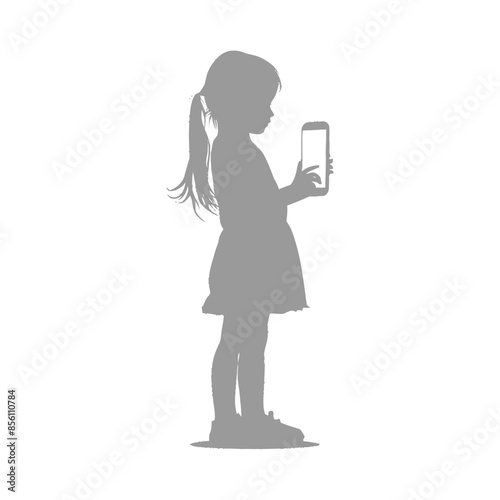 silhouette little girl shows a blank white screen smartphone or tablet