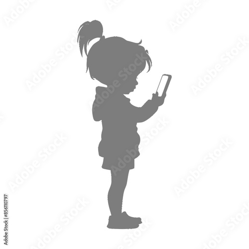 silhouette little girl shows a blank white screen smartphone or tablet