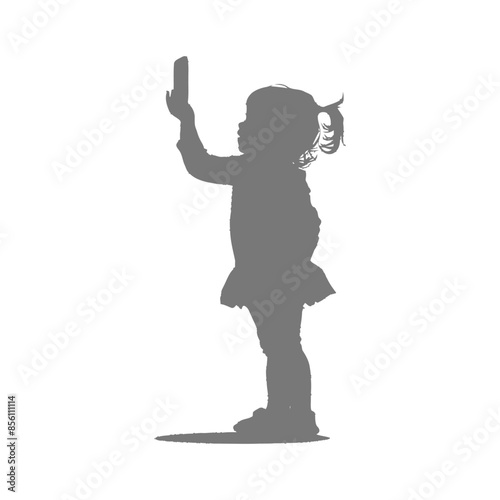 Silhouette: Toddler Waving, Little Girl's Hello, Child Gesturing, Ponytail & Frilly Skirt, Isolated on White.