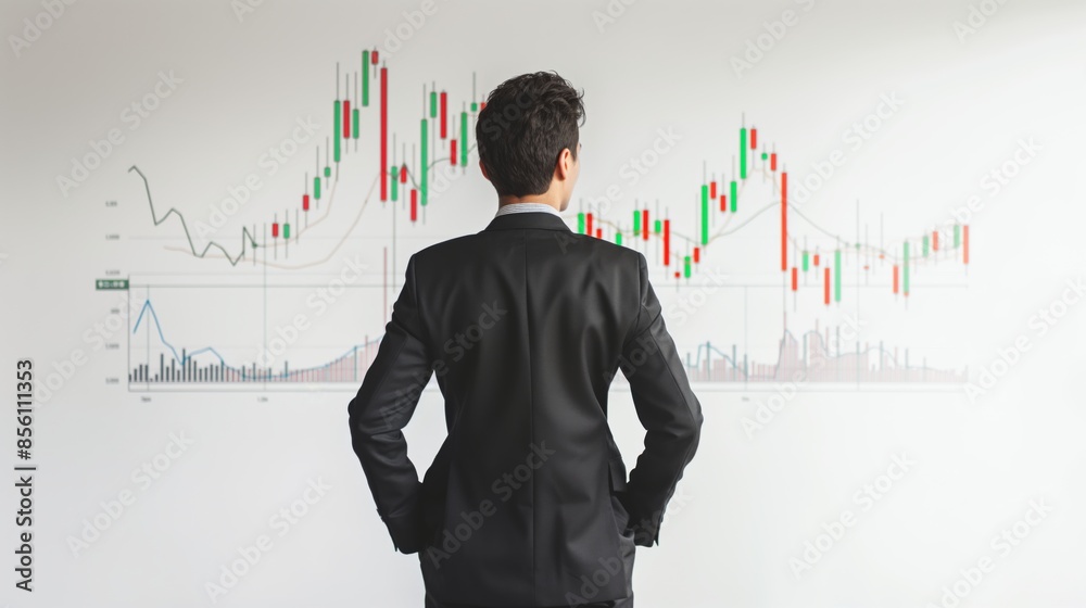 Back view of standing businessman looking stock market graph on white background Back view of standing businessman looking stock market graph on white background