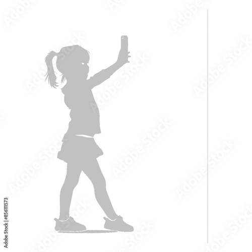 Silhouette Girl Taking Selfie with Phone on White.