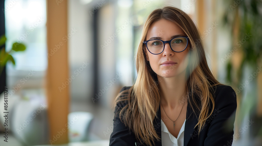 Businesswoman with glasses sitting at a desk, modern office environment, copy space Businesswoman with glasses sitting at a desk, modern office environment, copy space