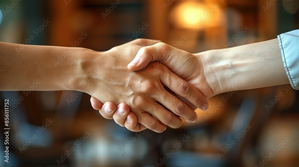Closeup of two people shaking hands, signifying a formal business agreement or partnership, with a blurred background.